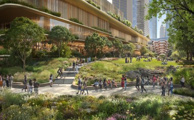 rendering of green space with people walking in it