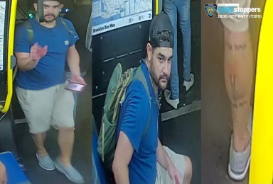 man wearing a blue shirt and tan pants wanted for allegedly assaulting a man in Brooklyn