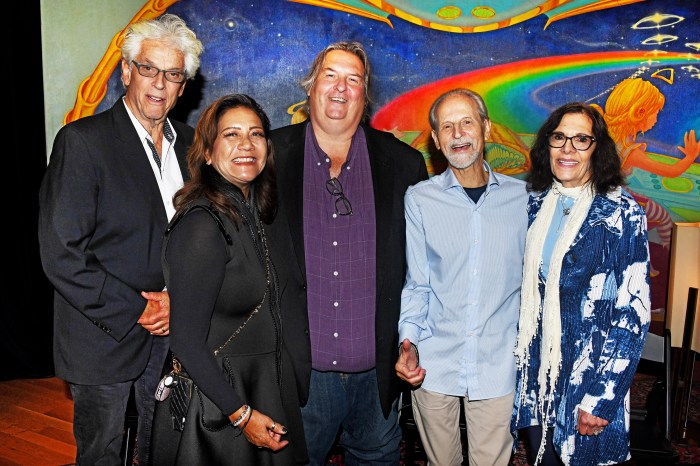 In Electric Lady Studio for the screening of the new documentary "Electric Lady Studios: A Jimi Hendrix Vision" were (L-R) architect John Storyk, producer Janie Hendrix, director John McDermott, producer/engineer and longtime Jimi Hendrix collaborator Eddie Kramer, original studio manager Linda Sharlin