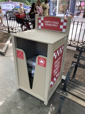 trash receptacle that holds pizza boxes, an initiative of NYC Parks