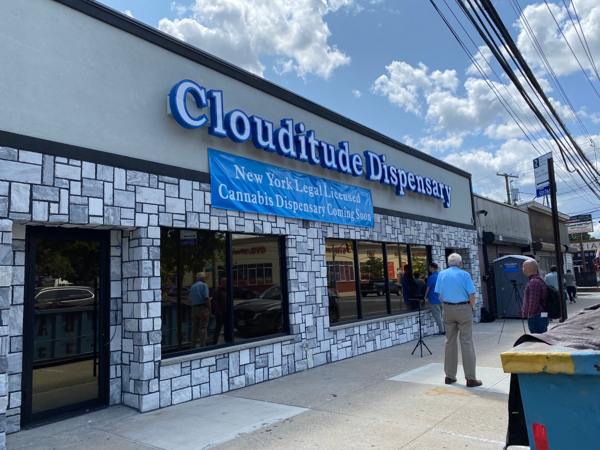 Exterior view of a legal pot shop on Staten Island during the day