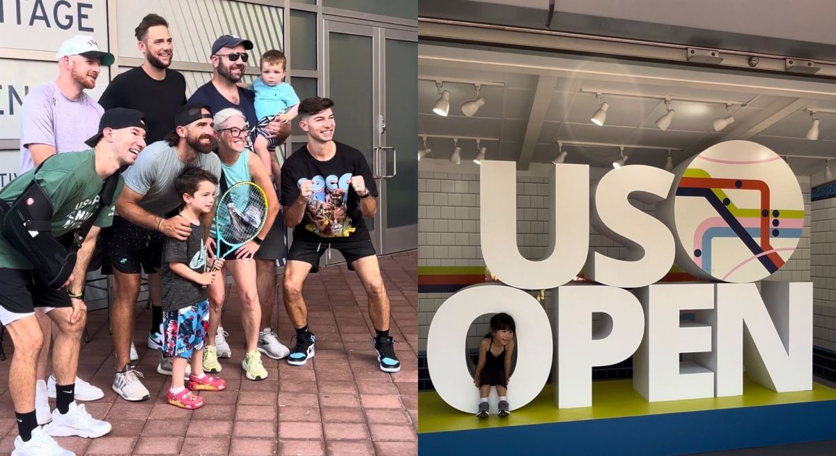 Left: a group of adults and kids pose. right: a child sits on the US open logo sign