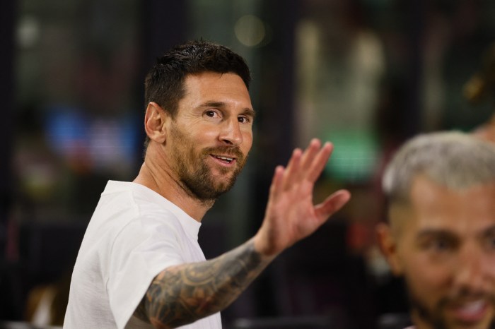 Lionel Messi out of uniform waves to fans NYCFC