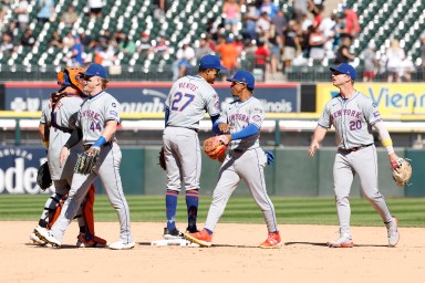 Mets celebrate after win Francisco Lindor Pete Alonso Mark Vientos Harrison Bader