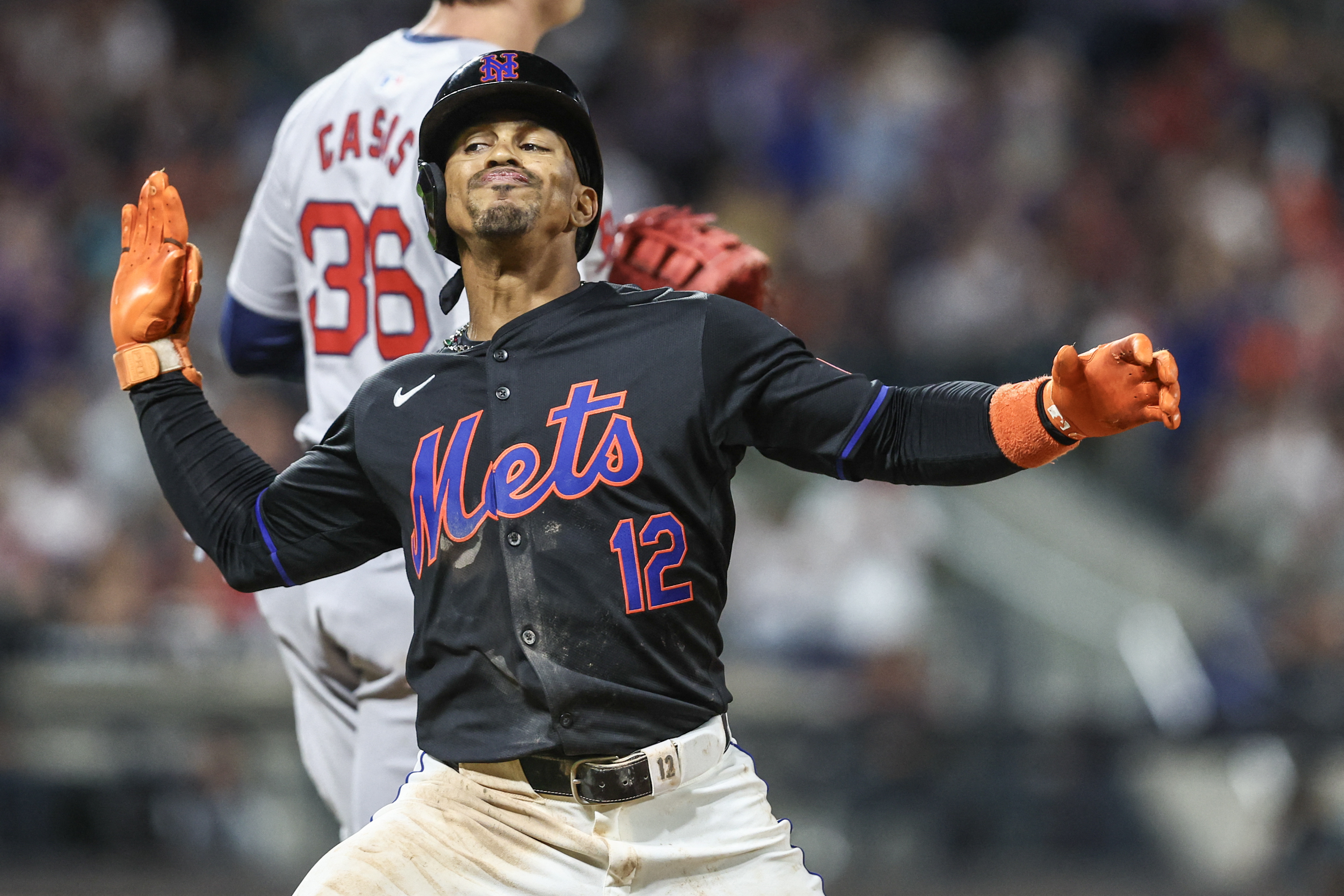 Mets star Francisco LIndor celebrates a. big hit