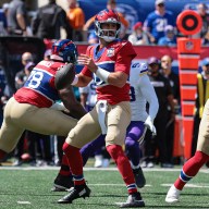 Daniel Jones drops back to throw a pass Giants