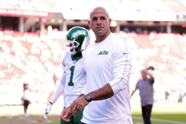 Jets head coach Robert Saleh walks on the field