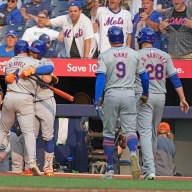 Mets celebrate Francisco Alvarez home run Lindor Nimmo Martinez