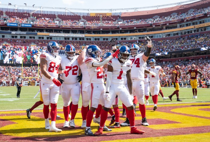 Giants WR Malik Nabers celebrates his first career NFL touchdown