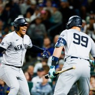 Juan Soto Aaron Judge celebrate a home run Yankees