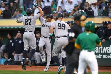 Giancarlo Stanton Juan Soto Aaron Judge of the Yankees celebrate a home run