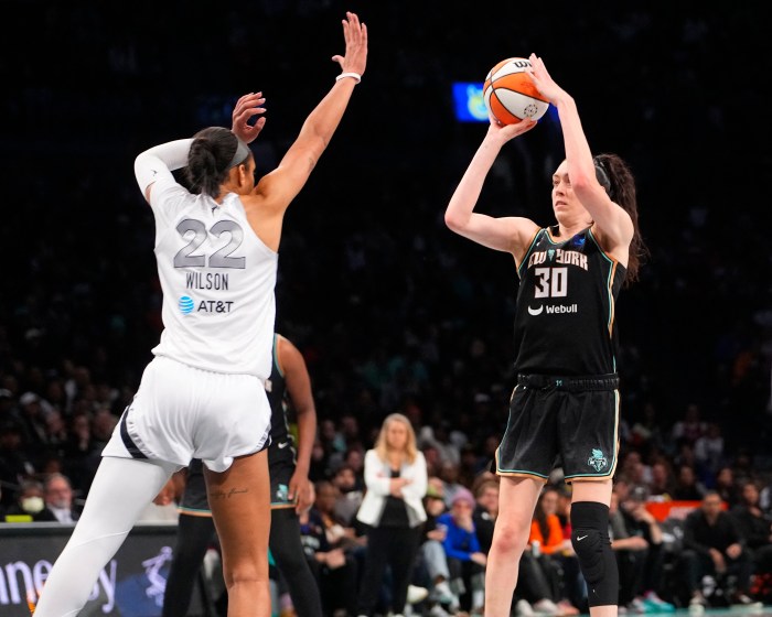 Breanna Stewart shoots over A'ja Wilson Liberty Aces