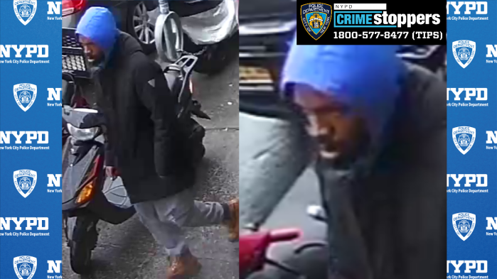 male suspect wearing blue hood and black jacket who allegedly attacked a man in the Bronx