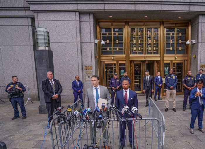 Mayor Adams with attorney after indictment arraignment hearing