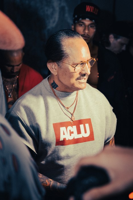 Fashion designer Willy Chavarria wearing a shirt that reads "ACLU" at New York Fashion Week