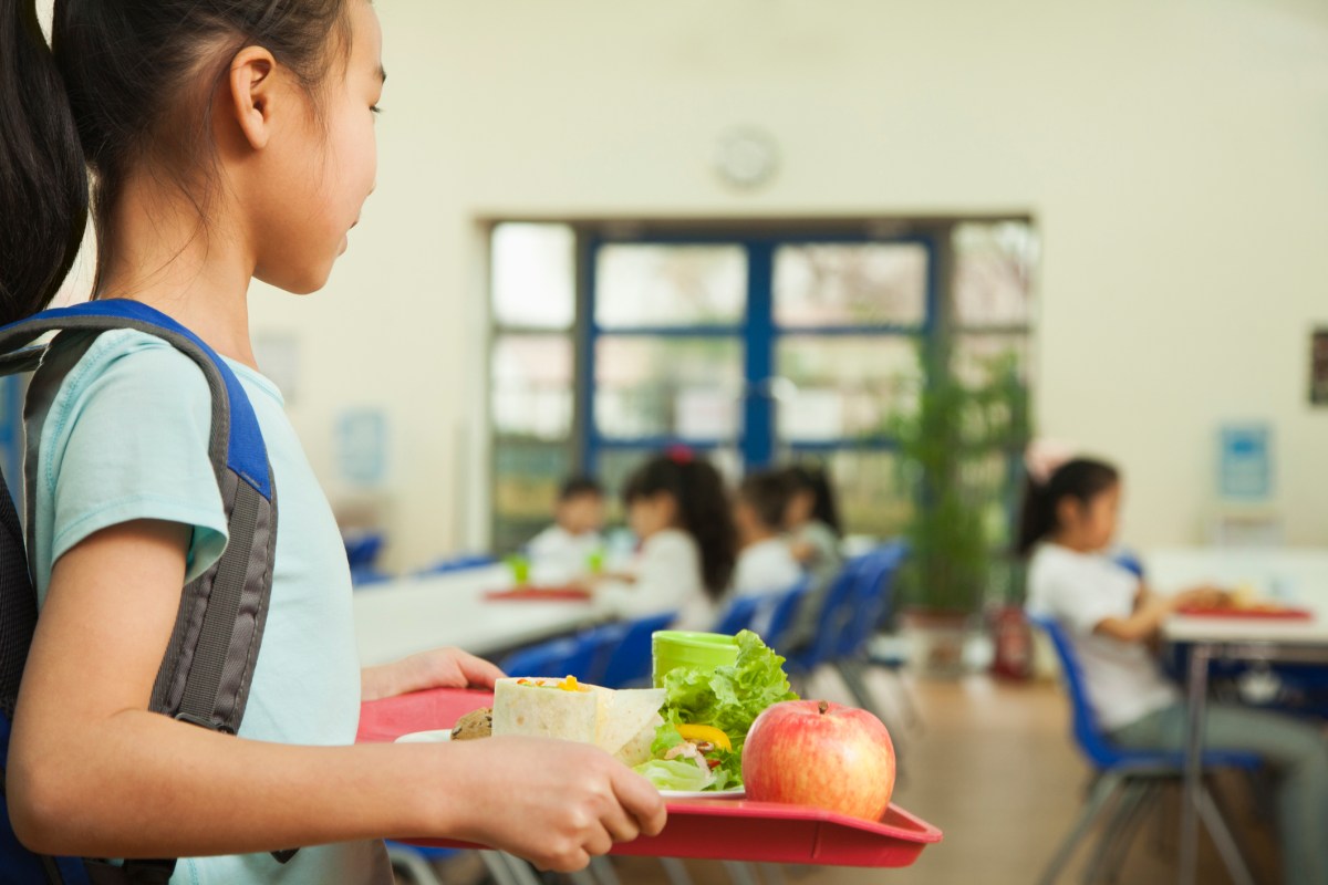 School girl holding food tray in school cafeteria