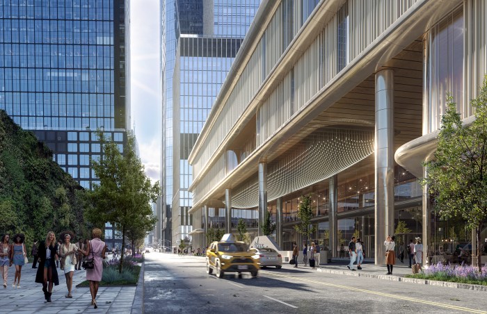 rendering of resort entrance for casino proposal near High Line in Manhattan