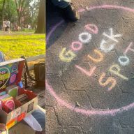 Felix Morelo (l) and his good luck spot chalk circle (r) in washington square park