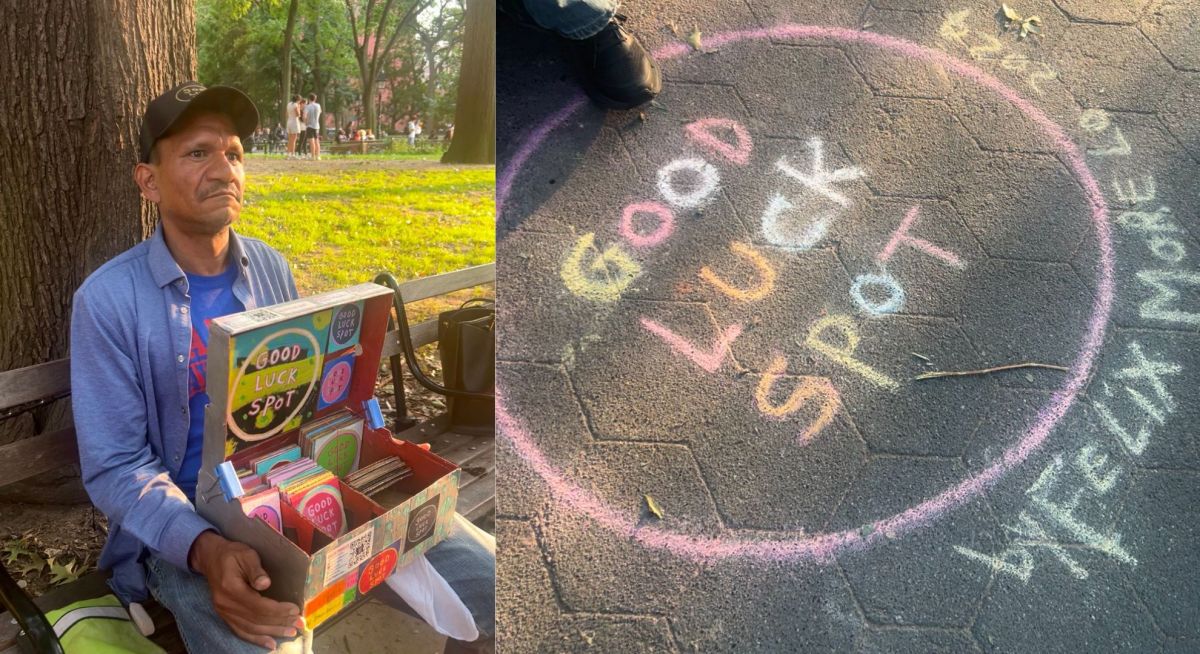 Felix Morelo (l) and his good luck spot chalk circle (r) in washington square park