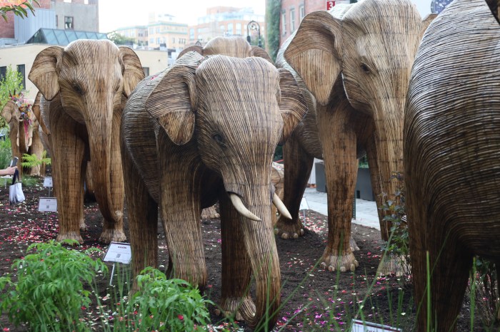 Statues of wooden elephants in Meatpacking District