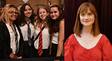 Harry Potter fans (left), a headshot of actress Bonnie Wright (right) at Back to Hogwarts