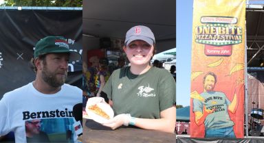 Dave Portnoy (left), a woman holding a pizza slice (center) and a One Bite Pizza Festival sign (right)