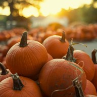 Close up of a few pumpkins at a pumpkin patch at sunset