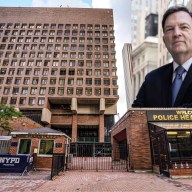 Tom Donlon photo inset in front of One Police Plaza