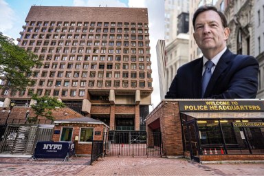 Tom Donlon photo inset in front of One Police Plaza