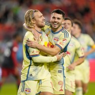 Emil Forsberg Lewis Morgan Red Bulls celebrate goal