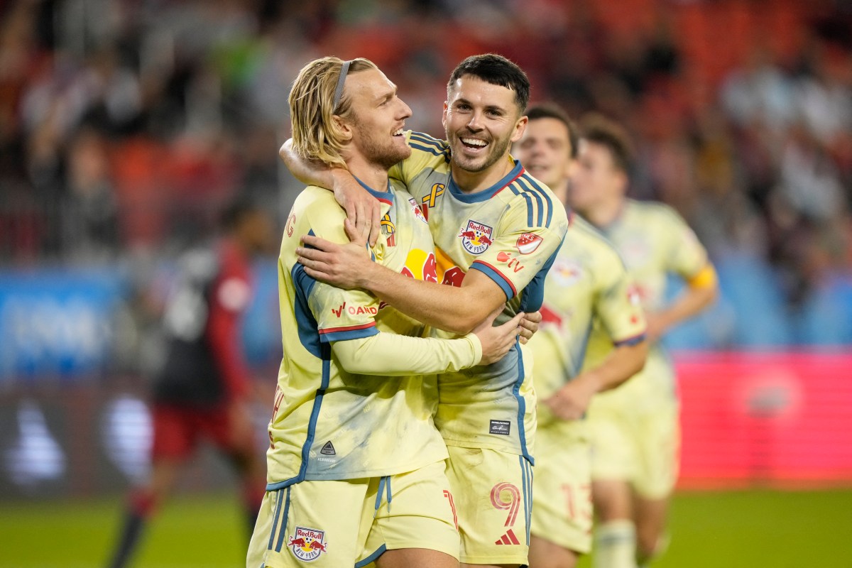 Emil Forsberg Lewis Morgan Red Bulls celebrate goal