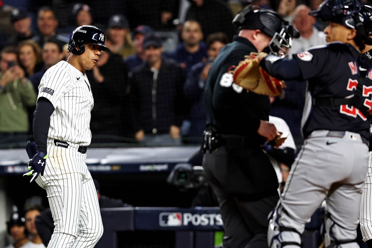 Juan Soto celebrates home run Yankees Guardians Game 1 ALCS