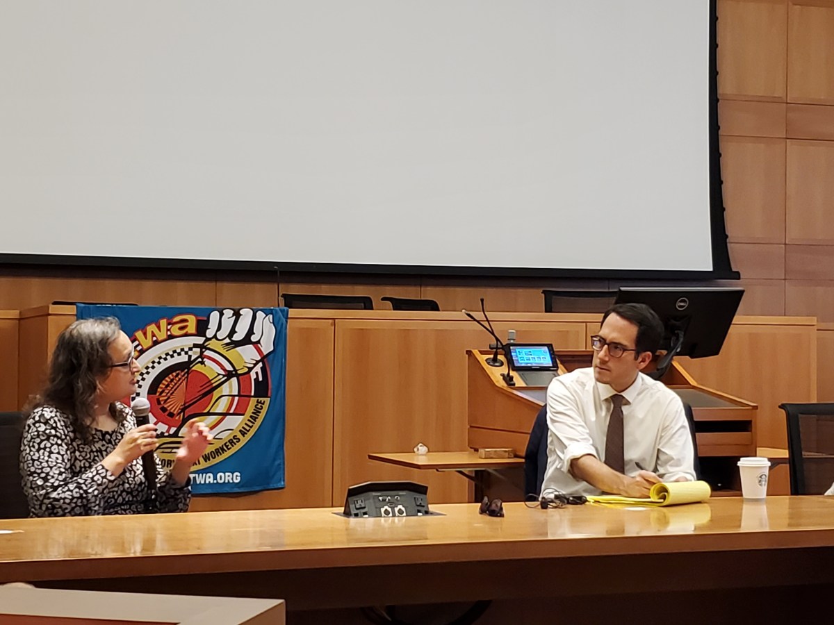 NYTWA leader Bhairavi Desai makes her case to FTC Commissioner Alvaro Bedoya at Fordham University in Oct. 2024.