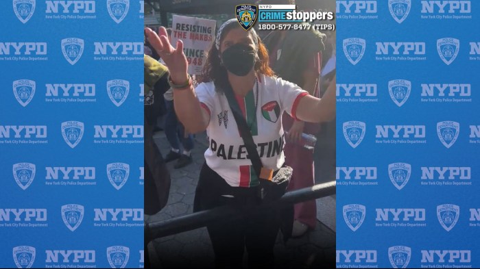 woman in Union Square wearing a black mask and a shirt that reads "Palestine"