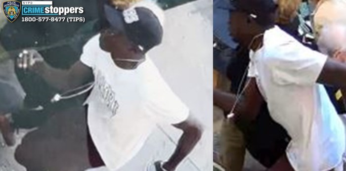 man in a white t-shirt and black baseball hat wanted for allegedly assaulting a man and woman in SoHo