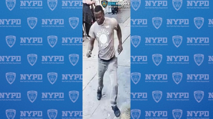 man in a gray t-shirt who is wanted for allegedly taking part in a random attack in SoHo