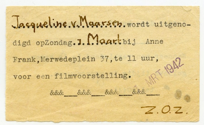 vintage invitation that is an artifact at Anne Frank's hiding place