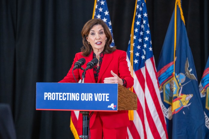 Gov. Hochul at a podium discussing misinformation during Election Day