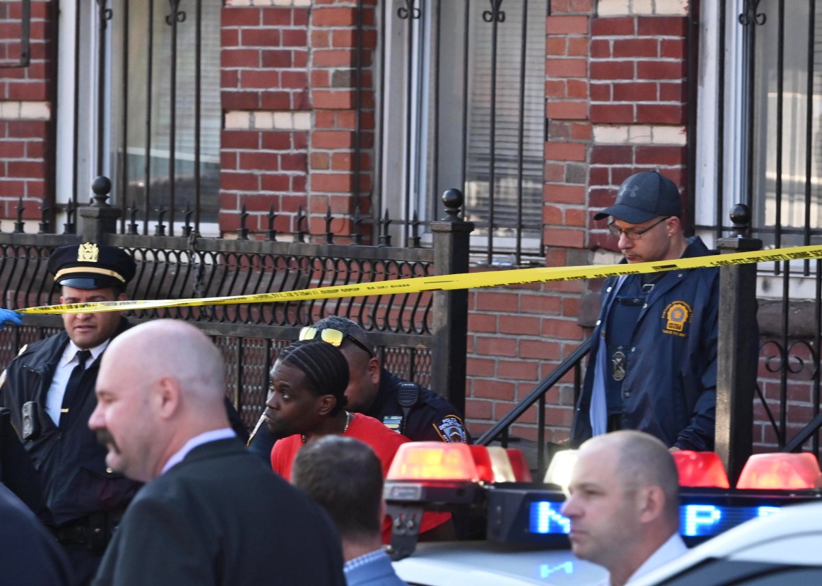 Officers from the 73 Precinct take a stabbing suspect into custody involved in the fatal stabbing of a 42 year old man at 2306 Atlantic Avenue.