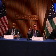 Mayor Eric Adams and interim Police Commissioner Tom Donlon speak about September 2024 crime stats at an NYPD press briefing on Oct. 8, 2024.