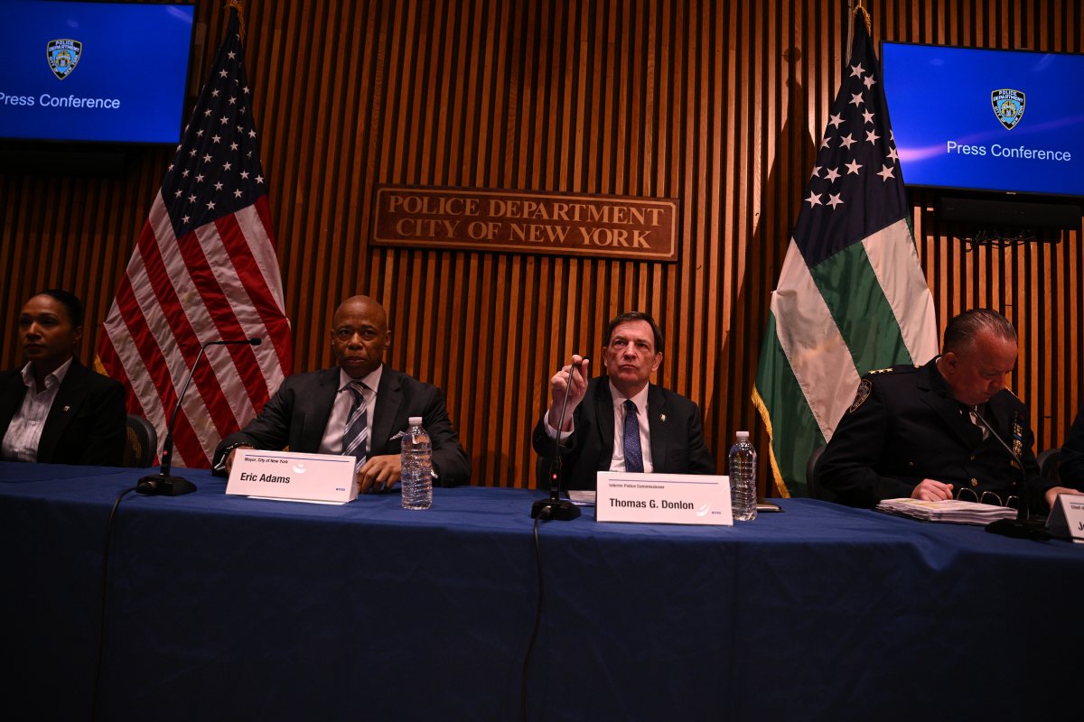 Mayor Eric Adams and interim Police Commissioner Tom Donlon speak about September 2024 crime stats at an NYPD press briefing on Oct. 8, 2024.