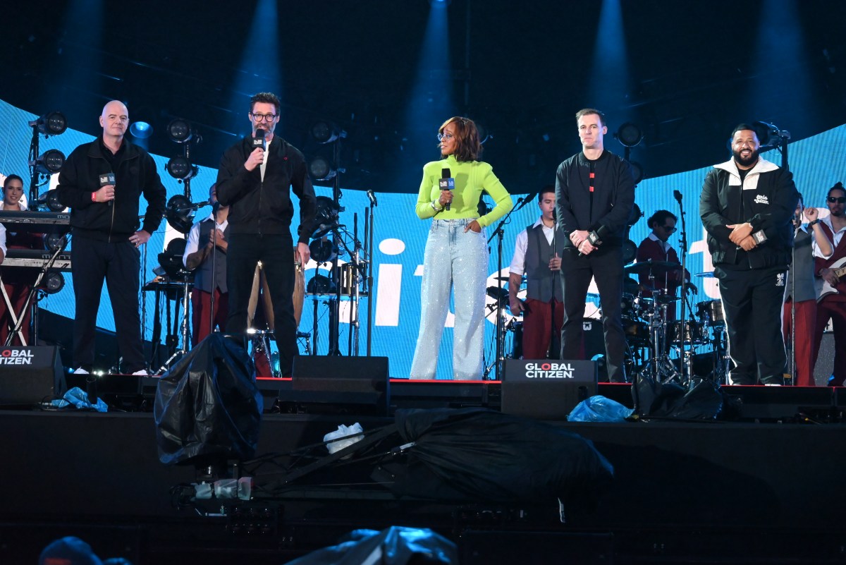 FIFA President Gianni Infantino, Global Citizen CEO Hugh Evans and Hugh Jackman, with DJ Khaled and Gayle King