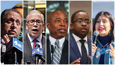 City Comptroller Brad Lander (far left), former City Comptroller Scott Stringer, Mayor Eric Adams, State Sen. Zellnor Myrie and State Sen. Jessica Ramos.