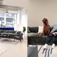 left: a couch in the Cozey show room.Right: a man and his dog sit on a cozey couch