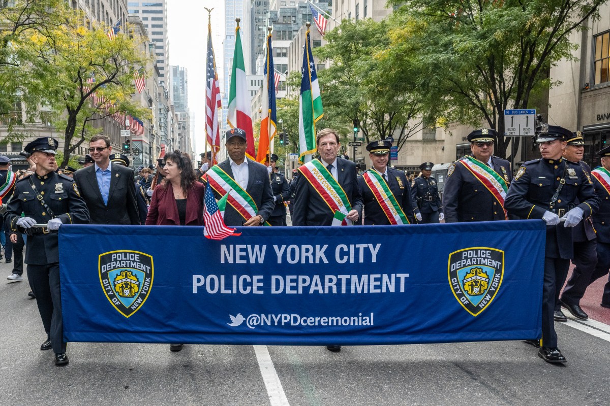 NYC Mayor Eric Adams and NYPD Commissioner Donlon march in the 2024 Columbus Day Parade.