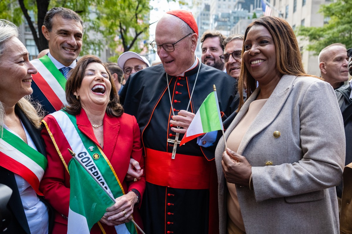 Cardinal Dolan greets Gov. Hochul and State Attorney General Tish James outside St. Pat's Cathedral. 