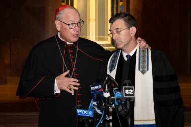 Cardinal Dolan and Rabbi Davidson at shabbat service ahead of Oct. 7 anniversary.