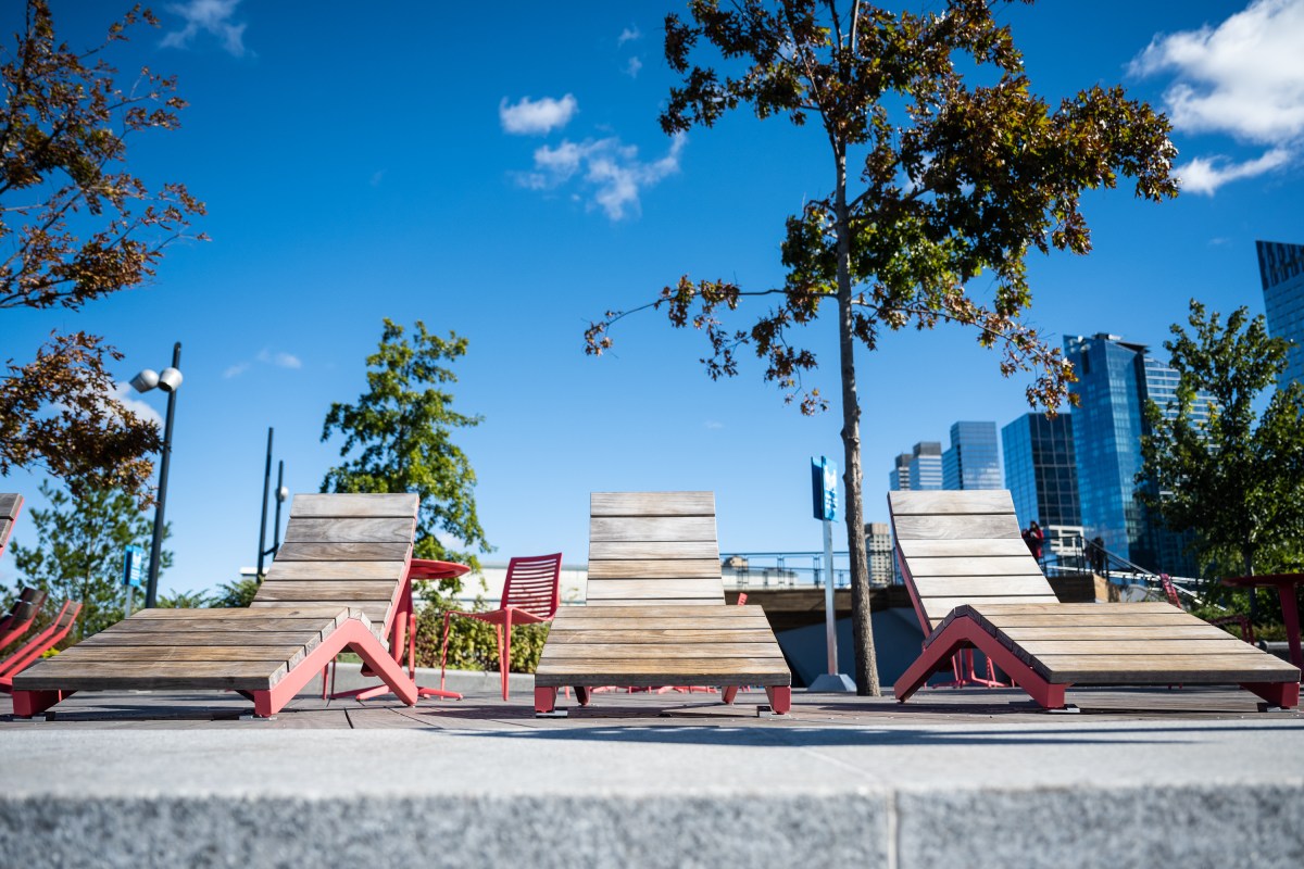 Lounge chairs invite New Yorkers to take in the sun and replenish their Vitamin D levels.  