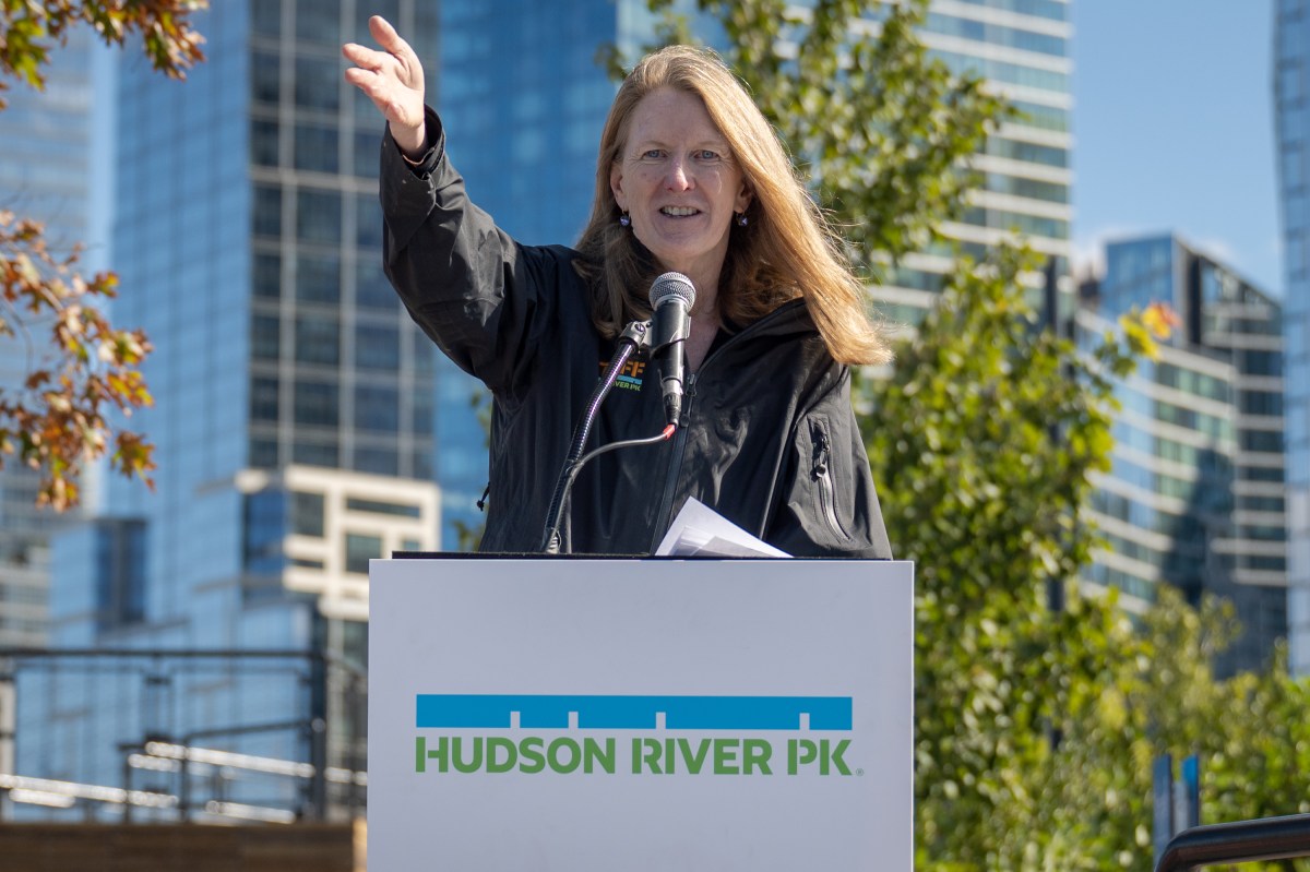 Hudson River Park Trust CEO and President Noreen Doyle speaks at the Pier 97 ribbon-cutting ceremony.