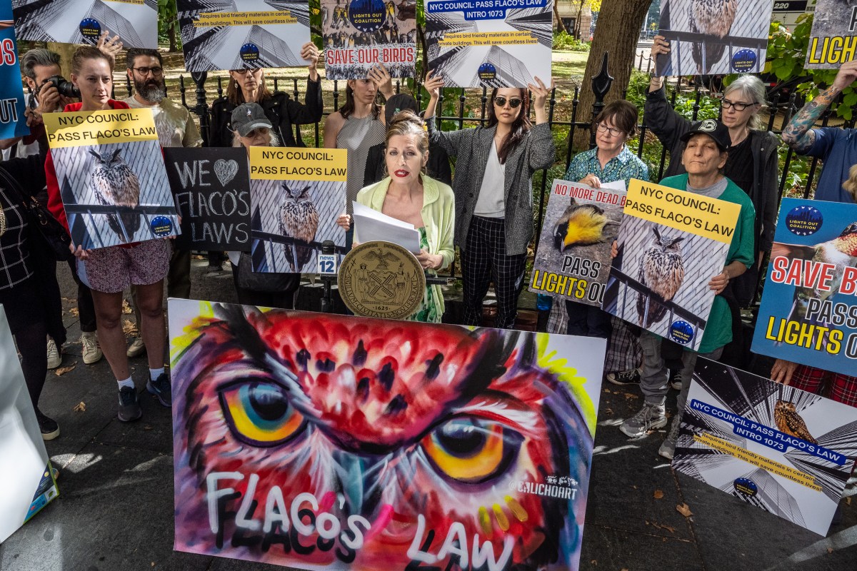 Kathy Nizzari speaks at a rally supporting Intro 1073 Flaco's Law